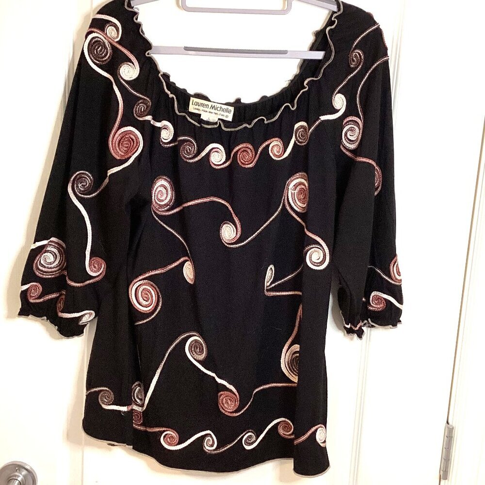 Lauren Michelle Women's Black Embroidery Top Blouse Off-The-Shoulder 3/4 Sleeve